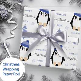 Papel De Regalo Bebés primer invierno de Navidad Pingüino Azul