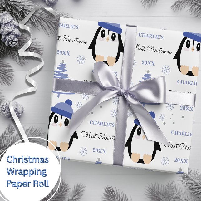 Papel De Regalo Bebés primer invierno de Navidad Pingüino Azul (Subido por el creador)