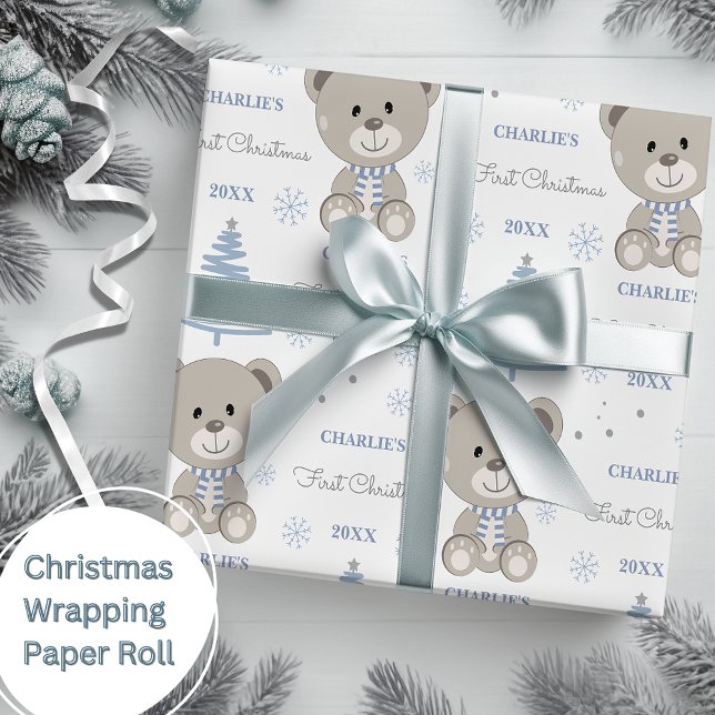 Papel De Regalo Bebés primer oso de peluche navideño azul (Subido por el creador)