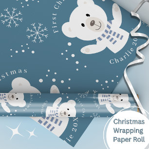 Papel De Regalo Bebés primer oso polar de Navidad azul