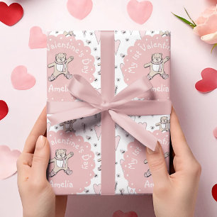 Papel De Regalo Bebés rosa y blanco primer Día de San Valentín Ted