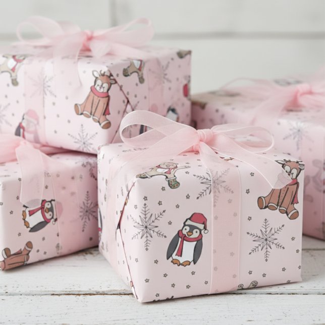 Papel De Regalo Bebés rosados primeros animales de invierno de Nav (Girly Winter Baby Shower Wrapping Paper. Christmas Stuffed Animals 4 Baby It's Cold Outside Party)