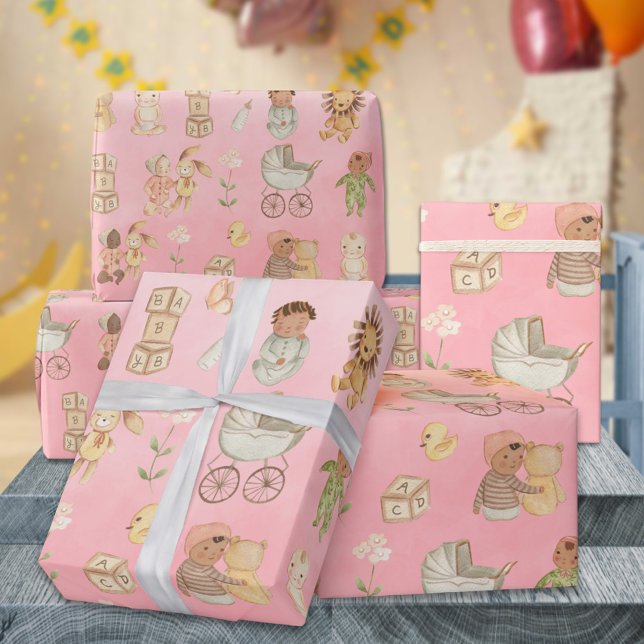 Papel De Regalo Bebés y animales rosados internacionales (Babies & Animals International Pink Gift Wrapping Paper Rolls)