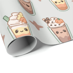 Papel De Regalo Bebidas de Otoño Brillantes Patrón Kawaii Pastel