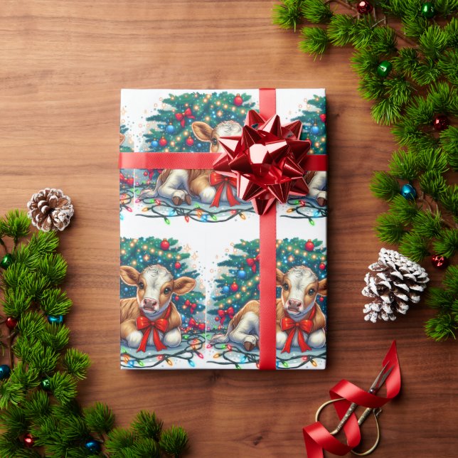 Papel De Regalo Becerro acostado junto al árbol de Navidad (Regalo de vacaciones)