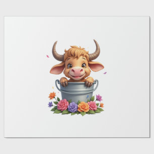 Papel De Regalo Becerro de vaca Highland lindo con flores Animal
