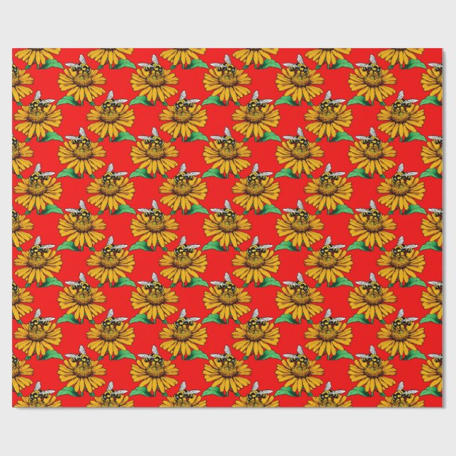 Papel De Regalo Bee on Sunflower Flower Pattern Design Red  (Superficie plana)