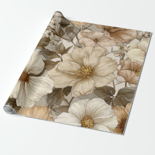 Papel De Regalo Beige Crema Marrón Flor Pastel Boho Años 70 Vintag
