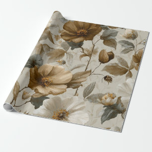Papel De Regalo Beige Crema Marrón Flor Pastel Boho Años 70 Vintag