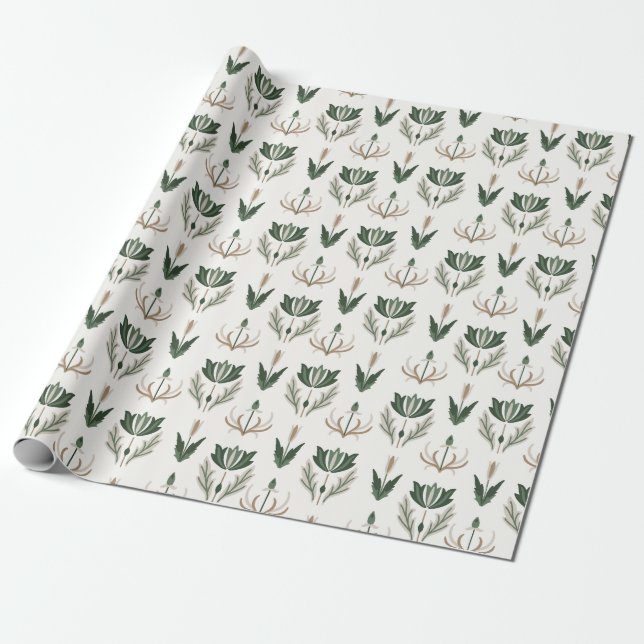 Papel De Regalo Beige verde botánico floral céltico irlandés (Desenrollado)