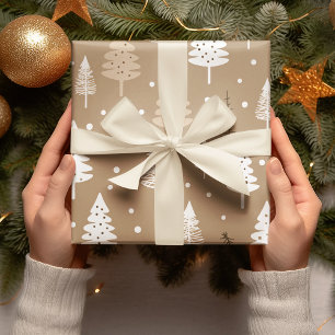 Papel De Regalo Beige Y Árbol Blanco De Navidad