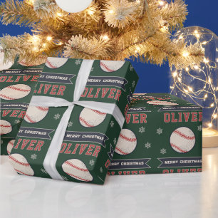 Papel De Regalo Béisbol Personalizado Feliz Navidad Nombre