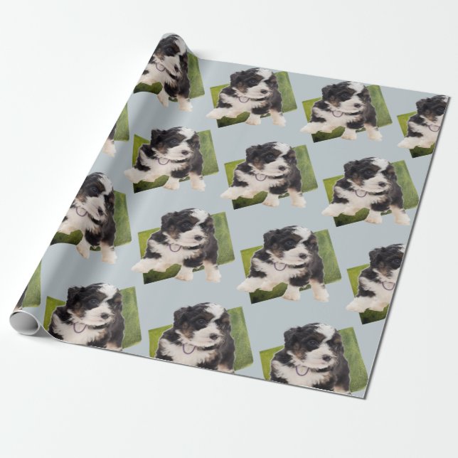 Papel De Regalo Bella Bernedoodle Green Puppy Art   (Desenrollado)