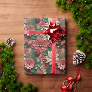 Papel De Regalo Bella Poinsettias 3D de color verde y blanco