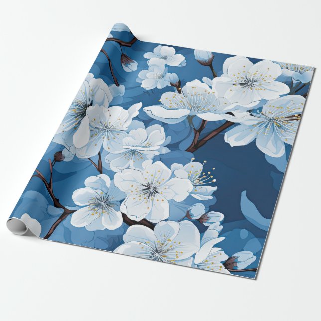 Papel De Regalo Bellas flores blancas azules (Desenrollado)
