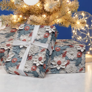 Papel De Regalo Bellas Poinsettias 3D blancas y azules