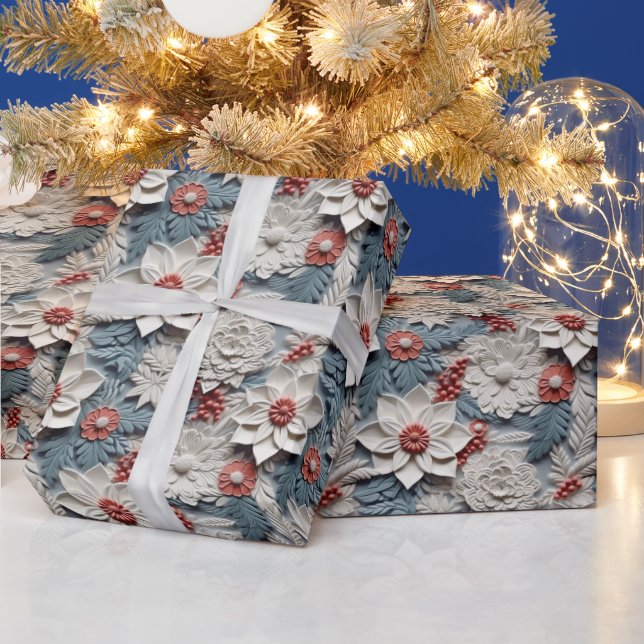 Papel De Regalo Bellas Poinsettias 3D blancas y azules (Vacaciones)