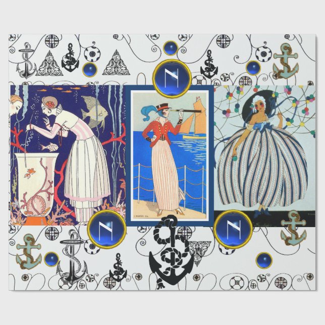 PAPEL DE REGALO BELLEZA DE DECO NÁUTICA MODA GEMA AZUL MONOGRAMA (Superficie plana)