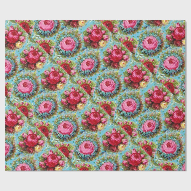 PAPEL DE REGALO BELLO ROJO ROSA AMARILLO ROSAS EN AZUL (Superficie plana)