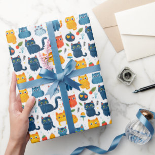 Papel De Regalo Bellos gatos kawaii, jugando con juguetes blanco b