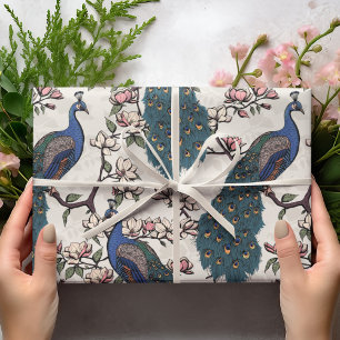 Papel De Regalo Bellos pavos reales de marfil y flores de magnolia