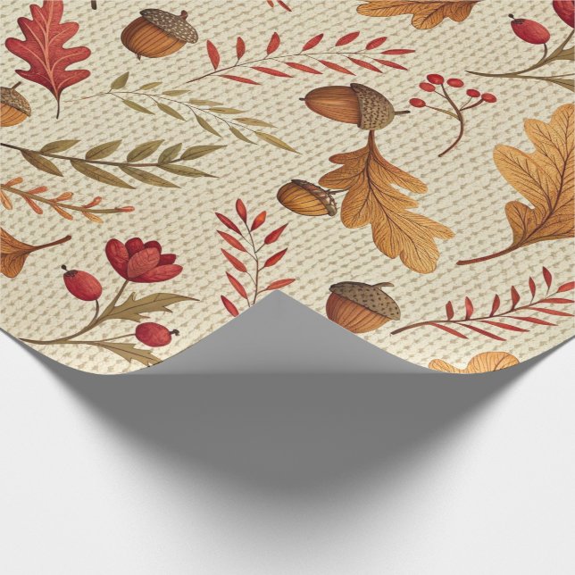 Papel De Regalo Bellotas rústicas y botánicos de otoño (Esquina)