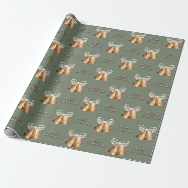 Papel De Regalo Bells de cobre y Cream Bow Feliz Navidad (Desenrollado)