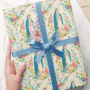 Papel De Regalo Bendita Madre María Floral Orando Santo Rosario