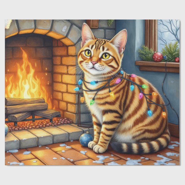 Papel De Regalo Bengal Cat Fireplace with Christmas Lights (Superficie plana)