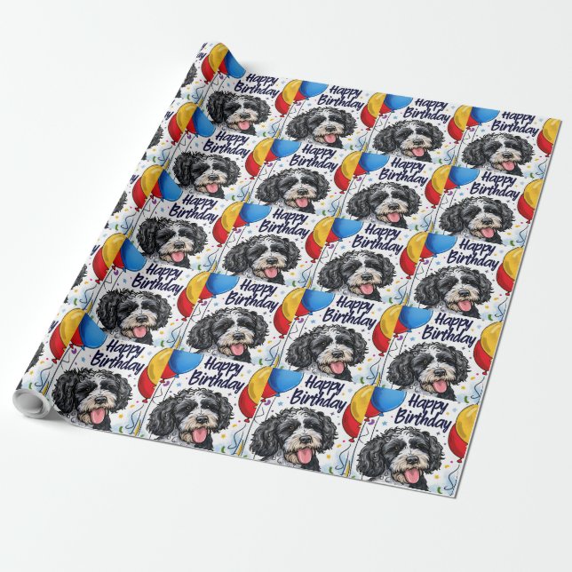 Papel De Regalo Bernedoodle con globos (Desenrollado)