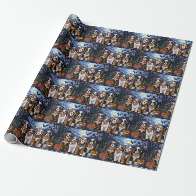 Papel De Regalo Bernedoodle Halloween Spooky (Desenrollado)