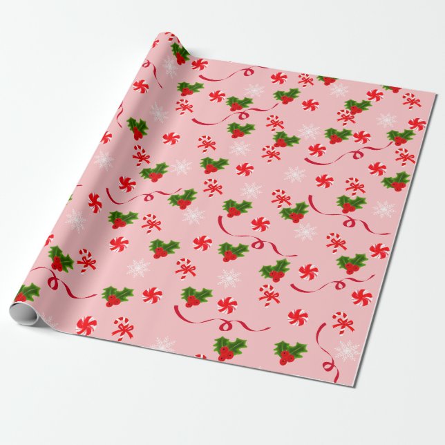 Papel De Regalo Berries, Navidades de Candy Rosa y Cinta Roja (Desenrollado)