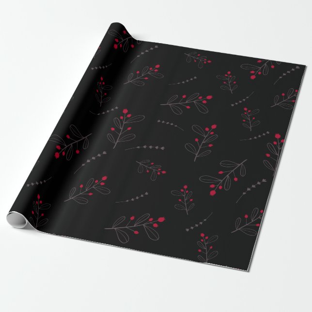 Papel De Regalo Berries rojos y deja a Navidades negros (Desenrollado)