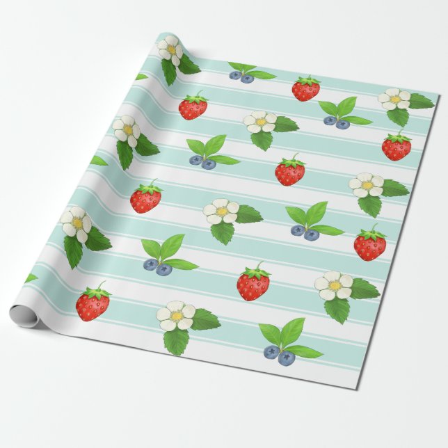 Papel De Regalo Berries Strawberries Blueberry Verde azulada banda (Desenrollado)