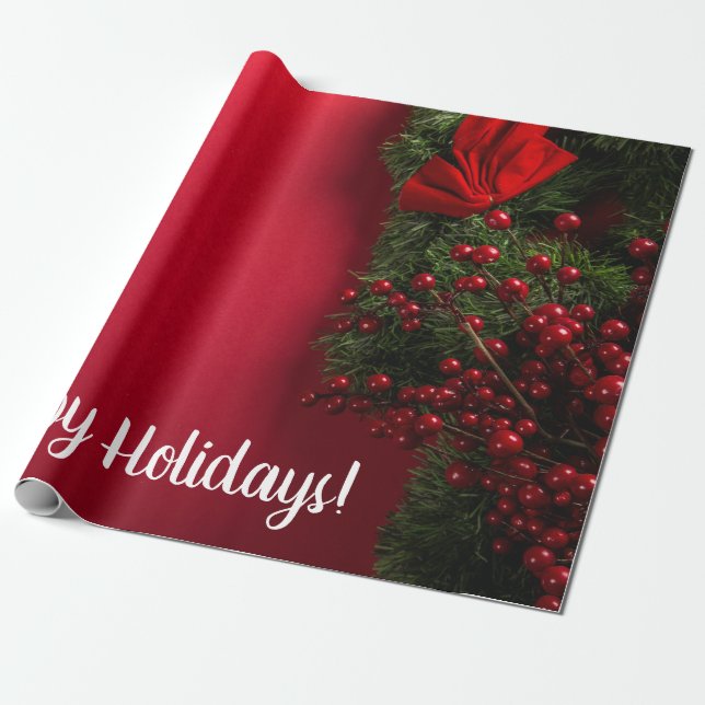 Papel De Regalo Berries y Mistletoe Rojos, Navidades (Desenrollado)