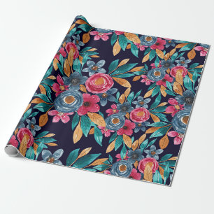 Papel De Regalo Berry Red Navy Mustard Watercolor Flores Art