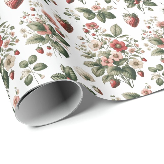 Papel De Regalo Berry Sweet Over Strawberry and Floral Pattern (Esquina del rollo)