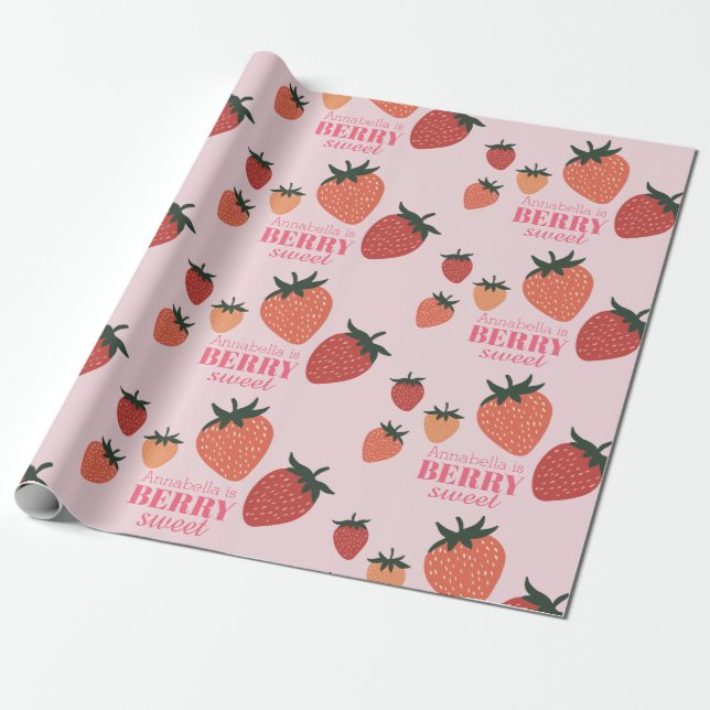 Papel De Regalo Berry Sweet Strawberry Custom Name Pink (Desenrollado)
