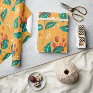 Papel De Regalo Berry y hojas verdes rojas en patrón amarillo