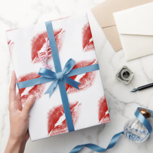 Papel De Regalo Beso de pintalabios rojos en blanco