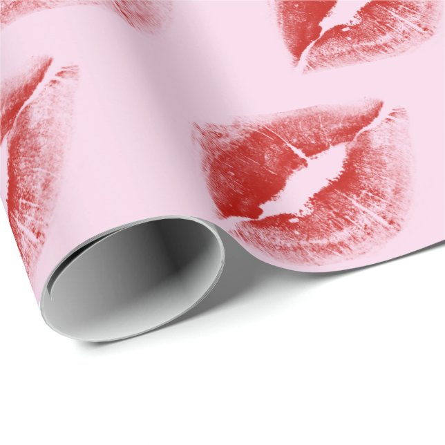 Papel De Regalo Beso de pintalabios rojos en rosa (Esquina del rollo)
