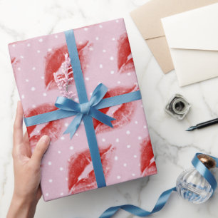 Papel De Regalo Beso de pintalabios rojos sobre puntos de polka
