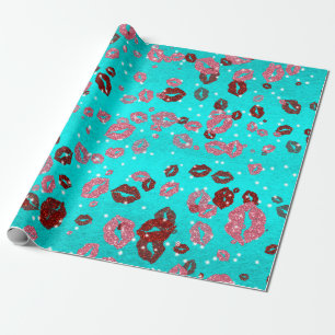 Papel De Regalo Besos rojos y rosas en azul