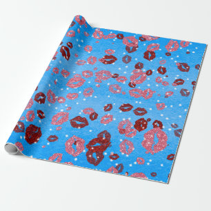 Papel De Regalo Besos rojos y rosas en azul 2