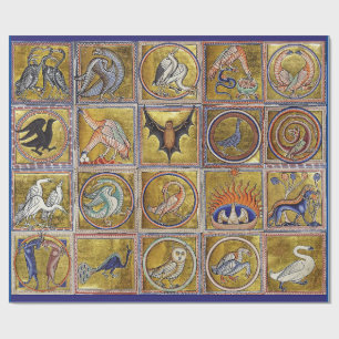 PAPEL DE REGALO BESTIARIO MEDIEVAL, ANIMALES FANTÁSTICOS, AZUL ROJ
