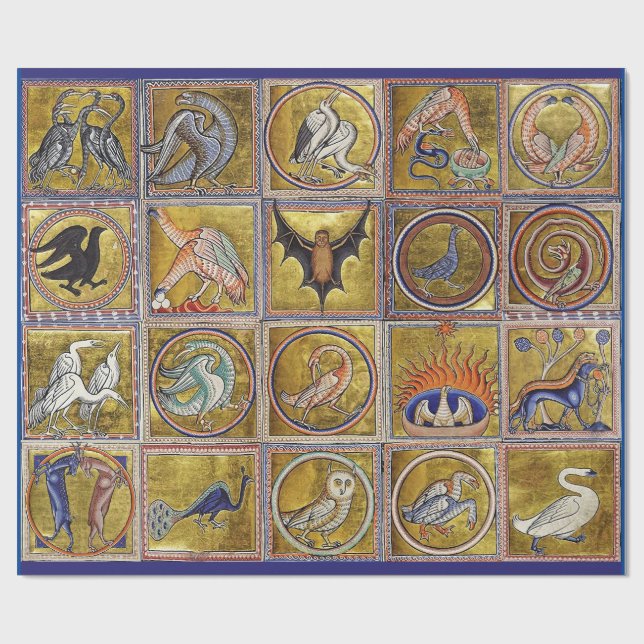 PAPEL DE REGALO BESTIARIO MEDIEVAL, ANIMALES FANTÁSTICOS, AZUL ROJ (Superficie plana)