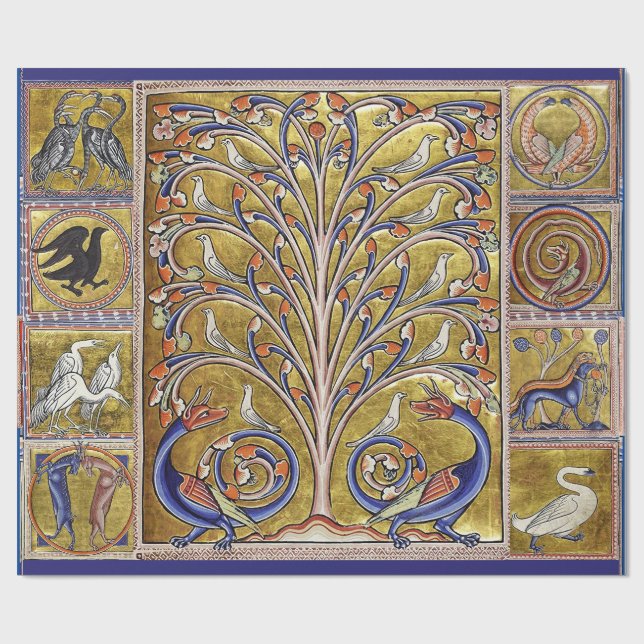 PAPEL DE REGALO BESTIARIO MEDIEVAL, AVES EN ÁRBOL DE VIDA, DRAGONE (Superficie plana)