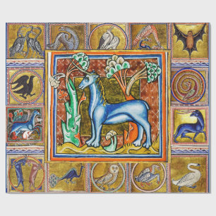 PAPEL DE REGALO BESTIARIO MEDIEVAL EXTRAÑO, ANIMALES FANTÁSTICOS U