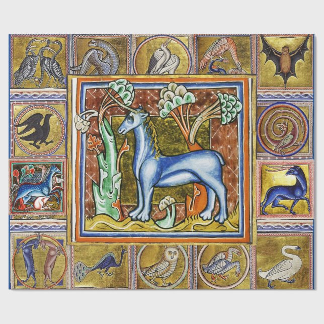 PAPEL DE REGALO BESTIARIO MEDIEVAL EXTRAÑO, ANIMALES FANTÁSTICOS U (Superficie plana)