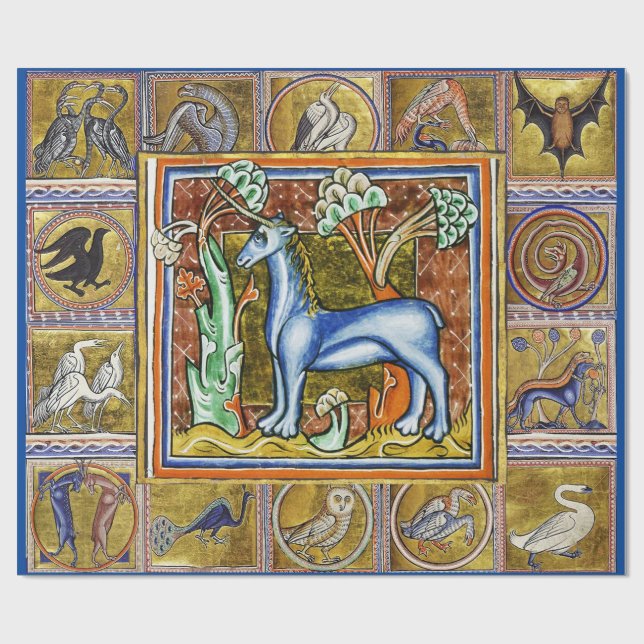PAPEL DE REGALO BESTIARIO MEDIEVAL EXTRAÑO, ANIMALES FANTÁSTICOS U (Superficie plana)